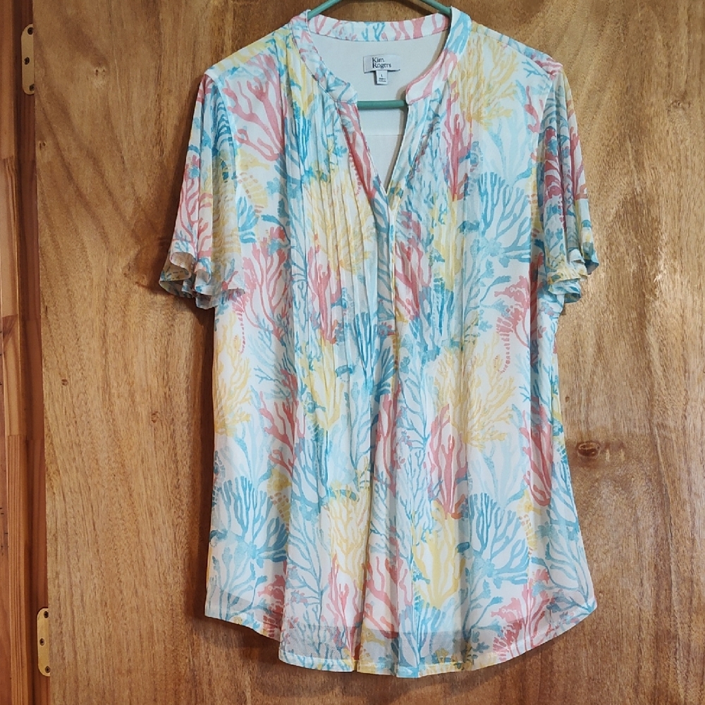 Kim Rogers Mesh Coral Print Popover Top Blue Yellow Pintuck Stretch Beachy Large